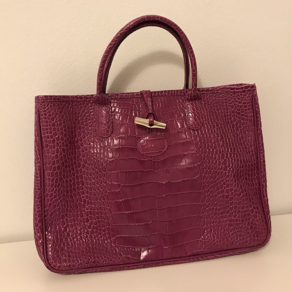 Longchamp Large Croc Embossed Roseau Tote Bag
